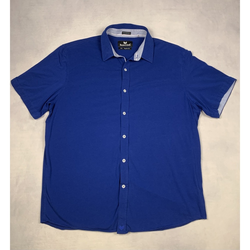 Buttercloth Shirt Mens 2XL Blue Button Up Short Sleeve Icy Cotton Stretch